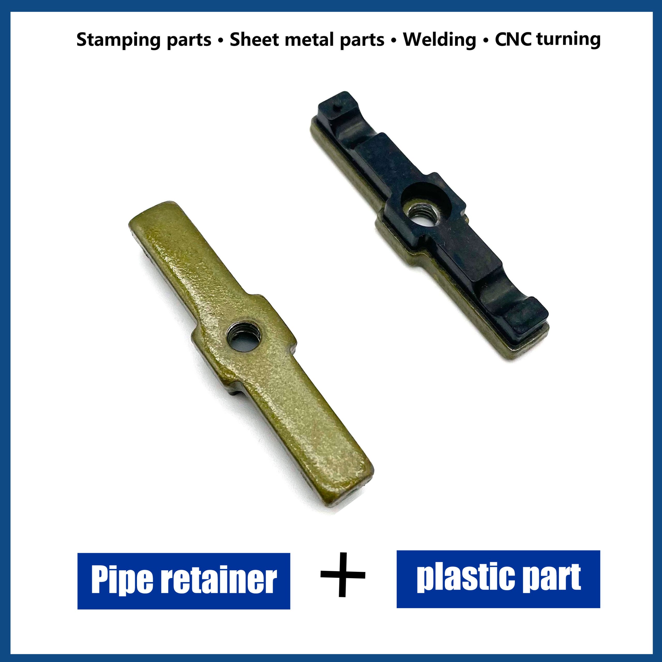 pipe retainer including stamped steel part and plastic part